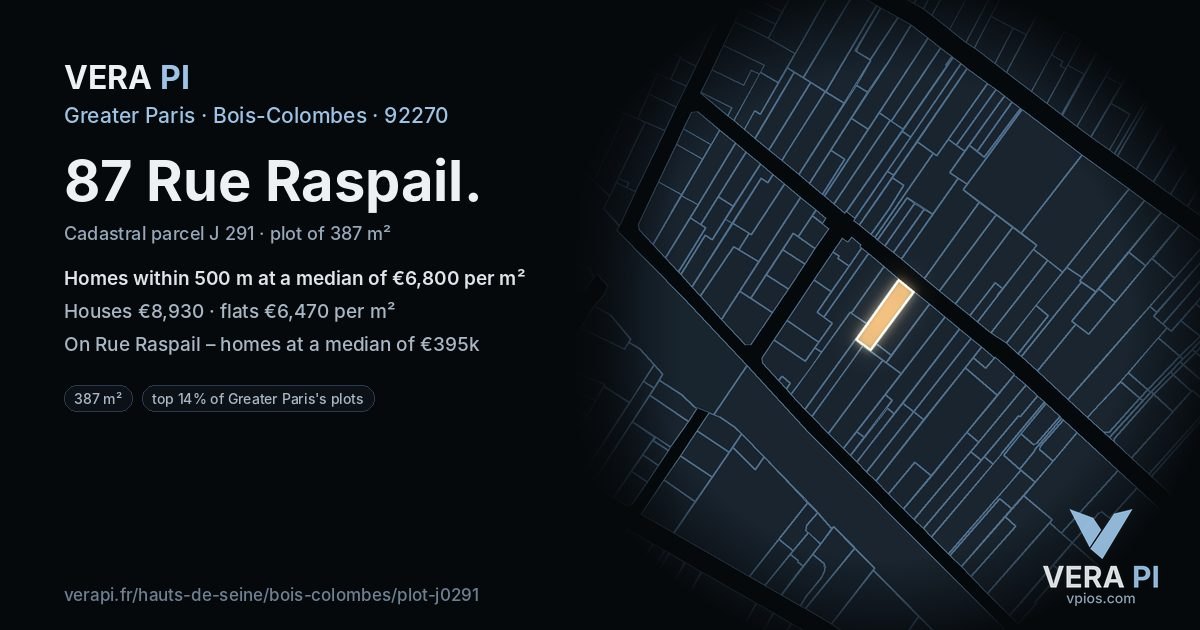 87 Rue Raspail, Bois-Colombes at night – the plot lit, the parcels around coloured by the prices near them