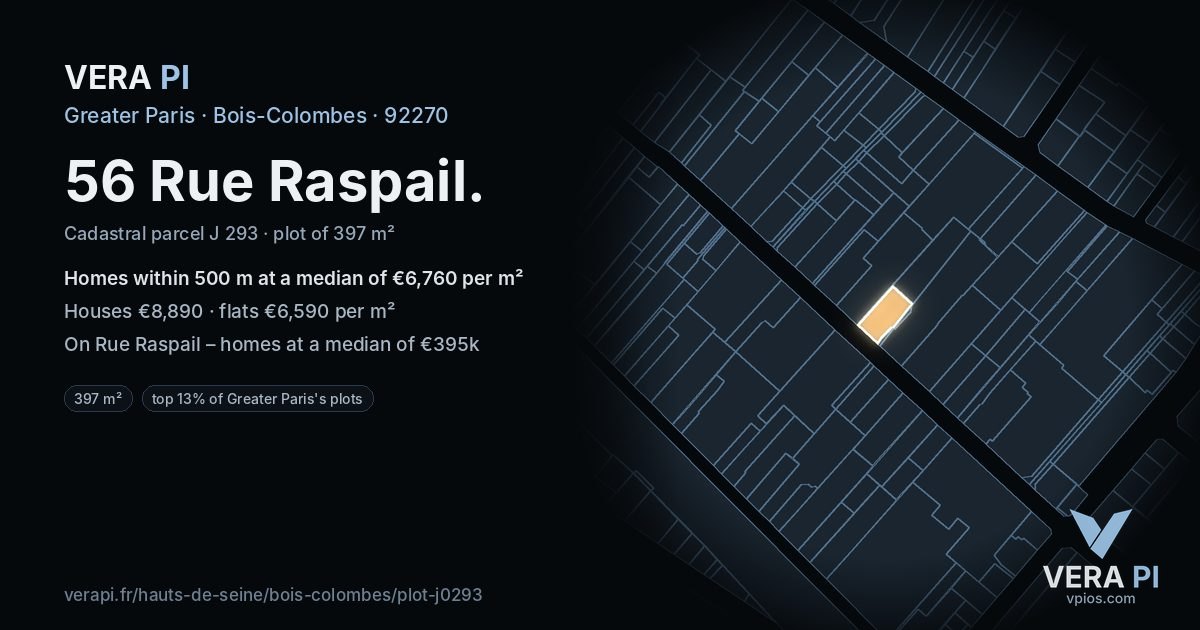 56 Rue Raspail, Bois-Colombes at night – the plot lit, the parcels around coloured by the prices near them