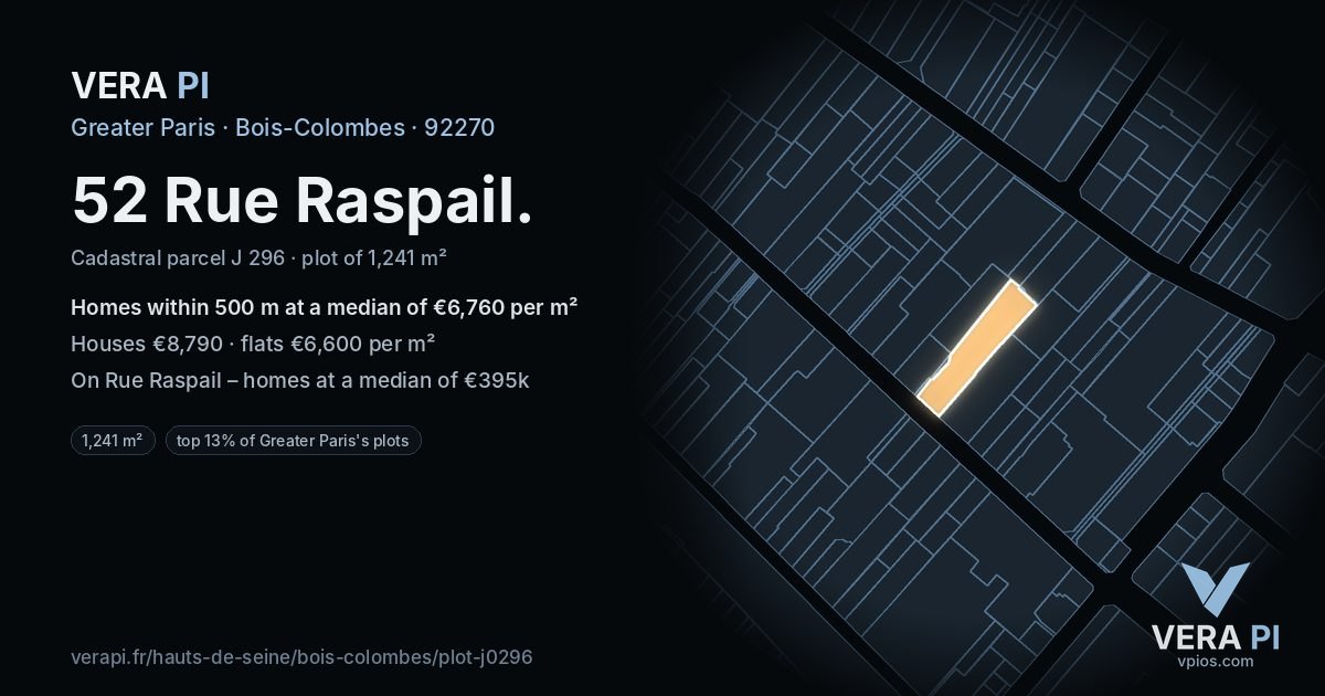 52 Rue Raspail, Bois-Colombes at night – the plot lit, the parcels around coloured by the prices near them