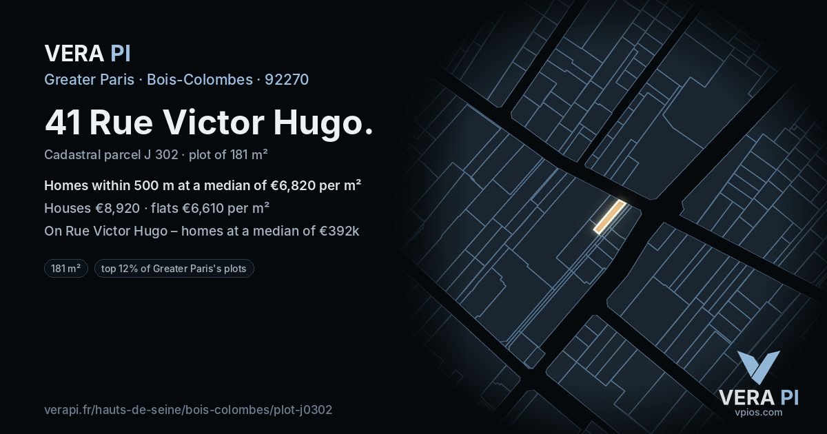 41 Rue Victor Hugo, Bois-Colombes at night – the plot lit, the parcels around coloured by the prices near them