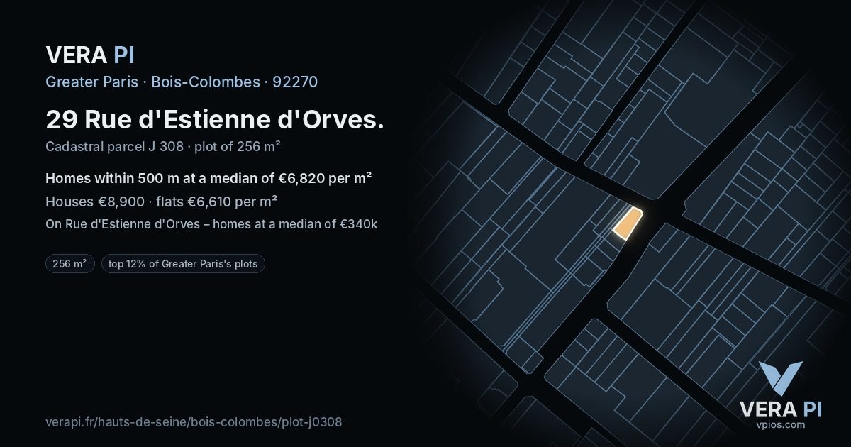 29 Rue d'Estienne d'Orves, Bois-Colombes at night – the plot lit, the parcels around coloured by the prices near them