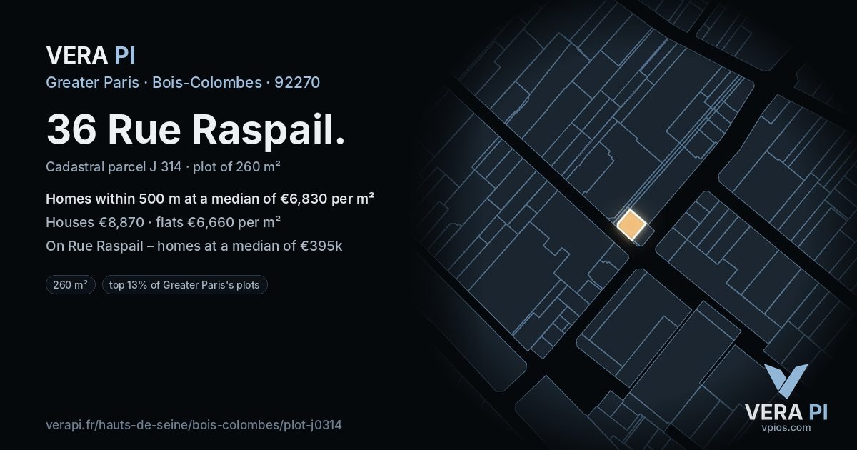 36 Rue Raspail, Bois-Colombes at night – the plot lit, the parcels around coloured by the prices near them