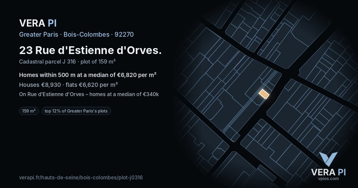 23 Rue d'Estienne d'Orves, Bois-Colombes at night – the plot lit, the parcels around coloured by the prices near them