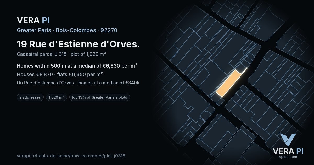19 Rue d'Estienne d'Orves, Bois-Colombes at night – the plot lit, the parcels around coloured by the prices near them