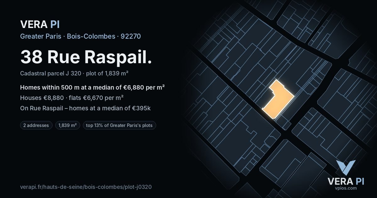 38 Rue Raspail, Bois-Colombes at night – the plot lit, the parcels around coloured by the prices near them