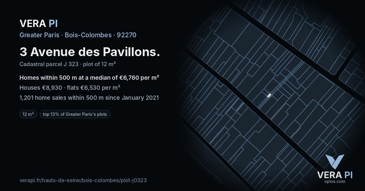 3 Avenue des Pavillons, Bois-Colombes at night – the plot lit, the parcels around coloured by the prices near them