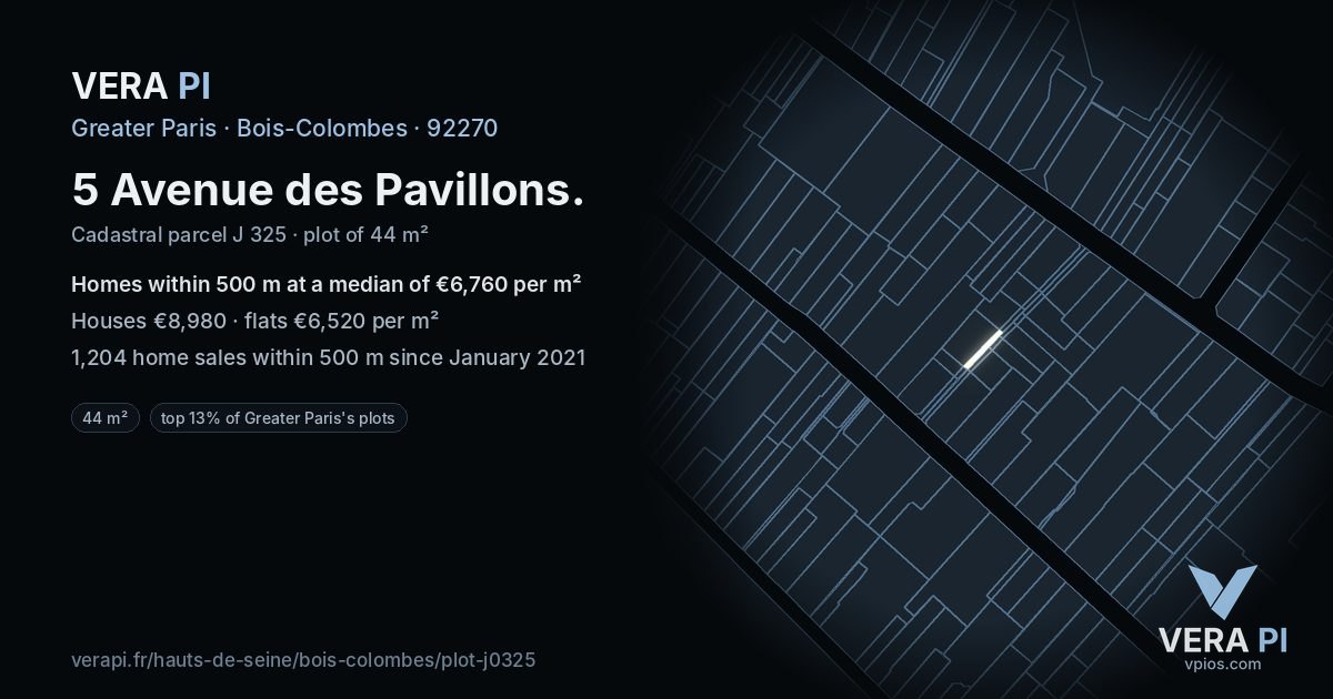 5 Avenue des Pavillons, Bois-Colombes at night – the plot lit, the parcels around coloured by the prices near them