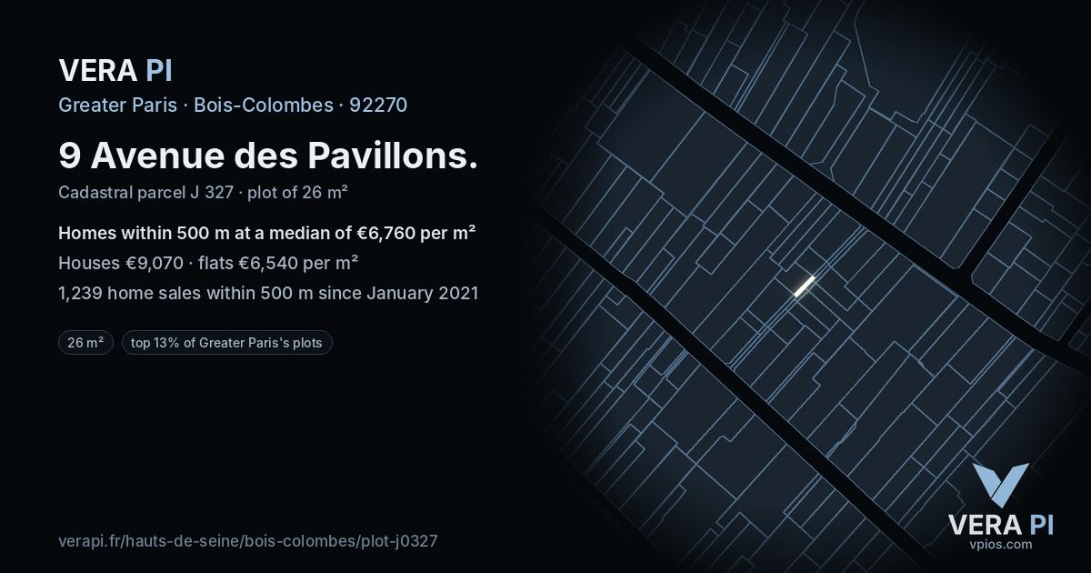 9 Avenue des Pavillons, Bois-Colombes at night – the plot lit, the parcels around coloured by the prices near them