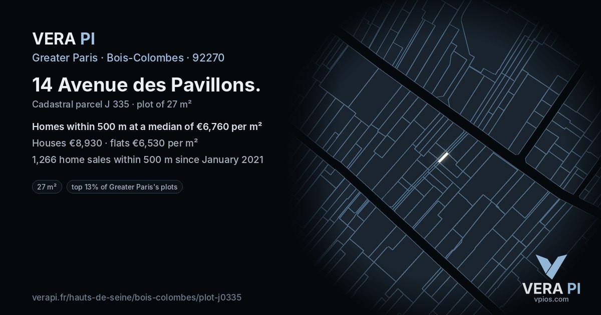 14 Avenue des Pavillons, Bois-Colombes at night – the plot lit, the parcels around coloured by the prices near them