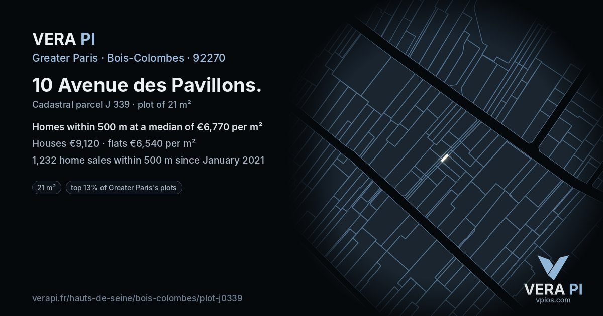 10 Avenue des Pavillons, Bois-Colombes at night – the plot lit, the parcels around coloured by the prices near them