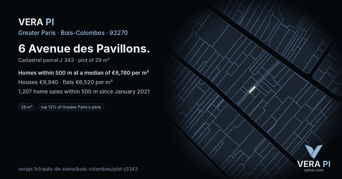 6 Avenue des Pavillons, Bois-Colombes at night – the plot lit, the parcels around coloured by the prices near them