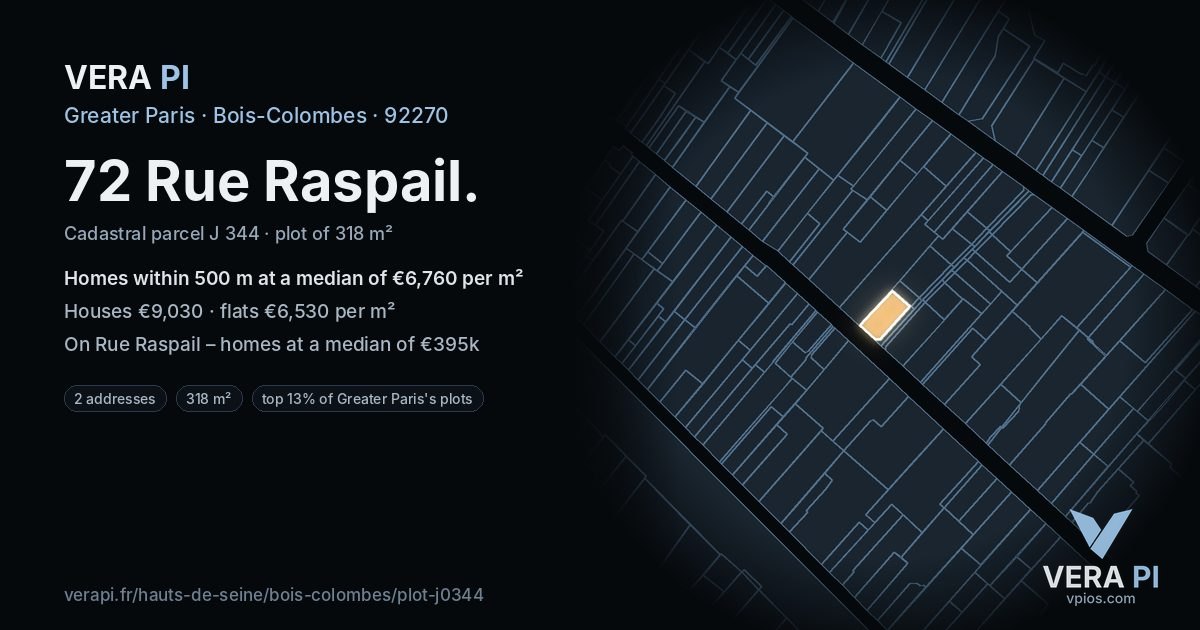 72 Rue Raspail, Bois-Colombes at night – the plot lit, the parcels around coloured by the prices near them
