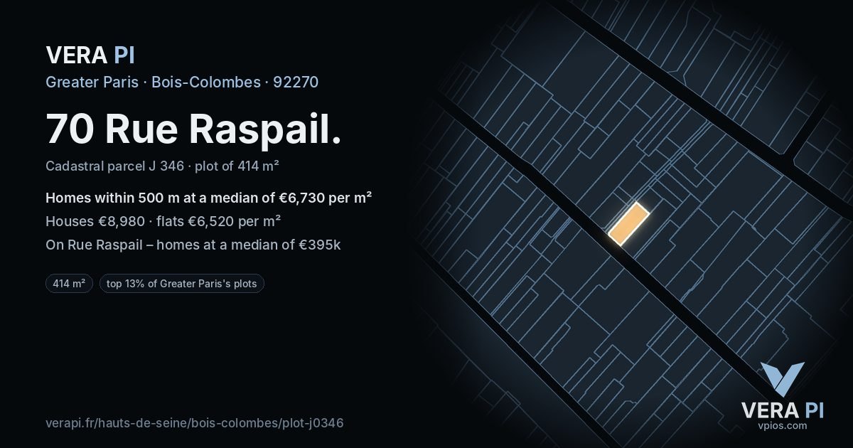 70 Rue Raspail, Bois-Colombes at night – the plot lit, the parcels around coloured by the prices near them