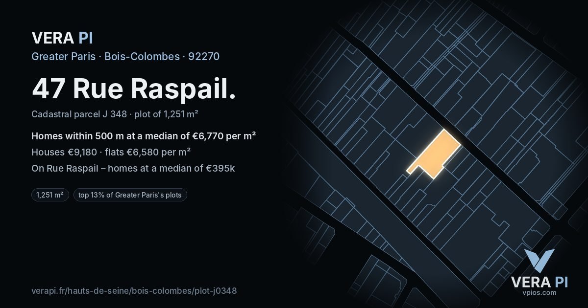 47 Rue Raspail, Bois-Colombes at night – the plot lit, the parcels around coloured by the prices near them
