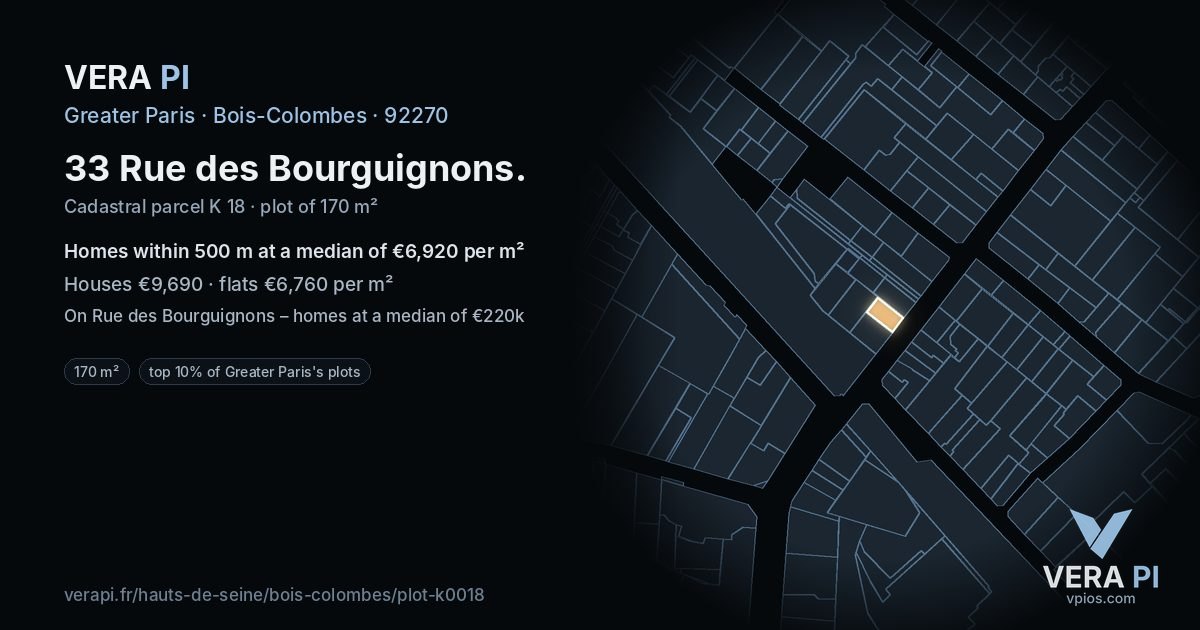 33 Rue des Bourguignons, Bois-Colombes at night – the plot lit, the parcels around coloured by the prices near them