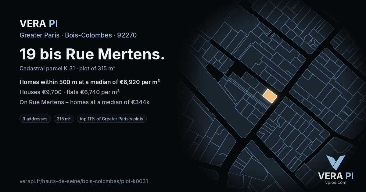 19 bis Rue Mertens, Bois-Colombes at night – the plot lit, the parcels around coloured by the prices near them