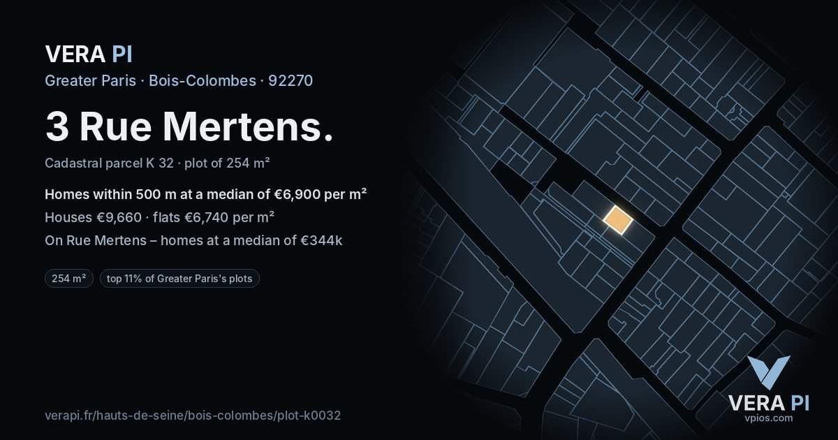 3 Rue Mertens, Bois-Colombes at night – the plot lit, the parcels around coloured by the prices near them