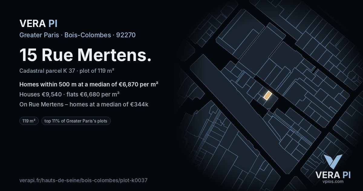 15 Rue Mertens, Bois-Colombes at night – the plot lit, the parcels around coloured by the prices near them