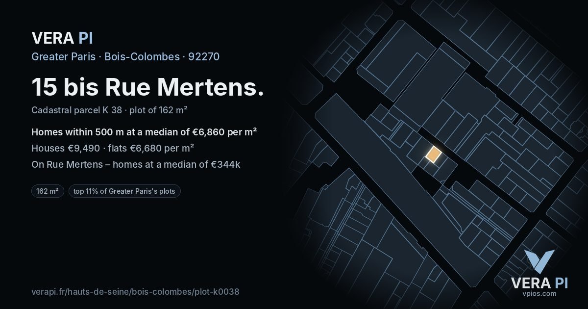 15 bis Rue Mertens, Bois-Colombes at night – the plot lit, the parcels around coloured by the prices near them