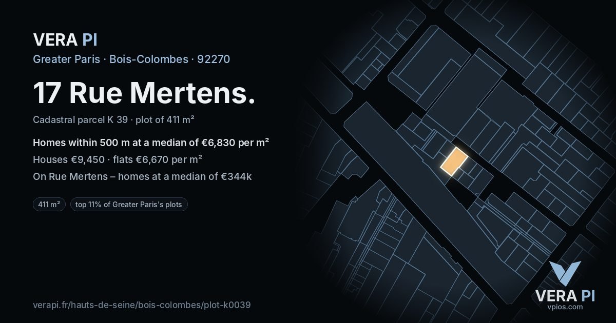 17 Rue Mertens, Bois-Colombes at night – the plot lit, the parcels around coloured by the prices near them