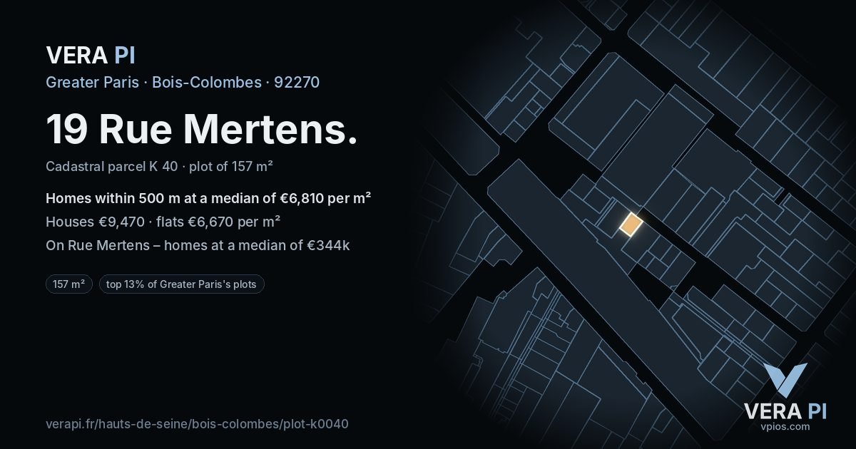 19 Rue Mertens, Bois-Colombes at night – the plot lit, the parcels around coloured by the prices near them