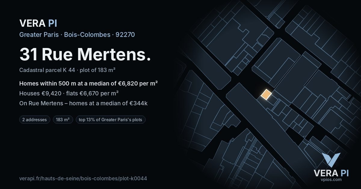 31 Rue Mertens, Bois-Colombes at night – the plot lit, the parcels around coloured by the prices near them