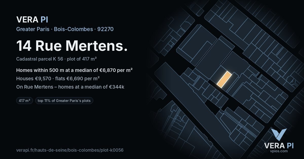 14 Rue Mertens, Bois-Colombes at night – the plot lit, the parcels around coloured by the prices near them
