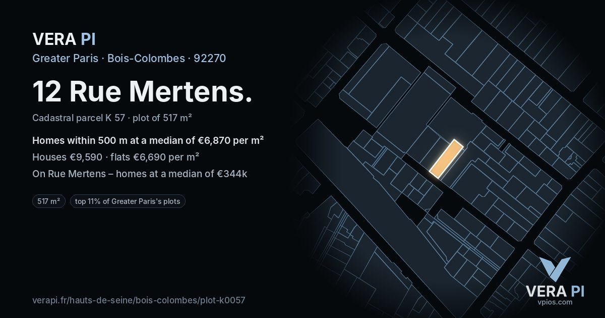 12 Rue Mertens, Bois-Colombes at night – the plot lit, the parcels around coloured by the prices near them