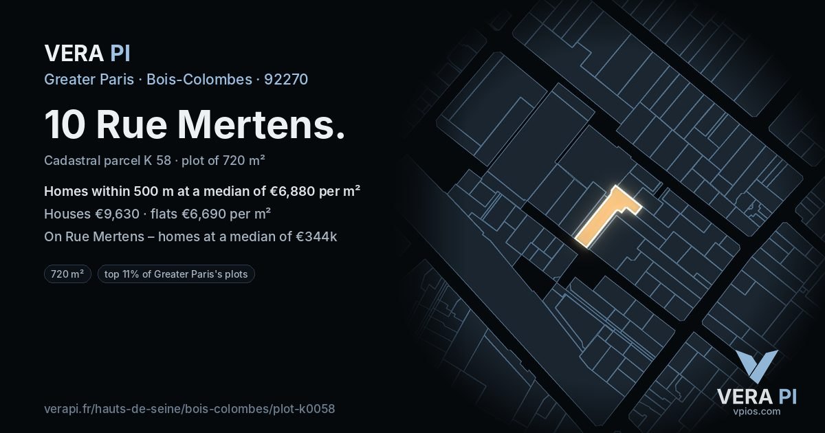 10 Rue Mertens, Bois-Colombes at night – the plot lit, the parcels around coloured by the prices near them