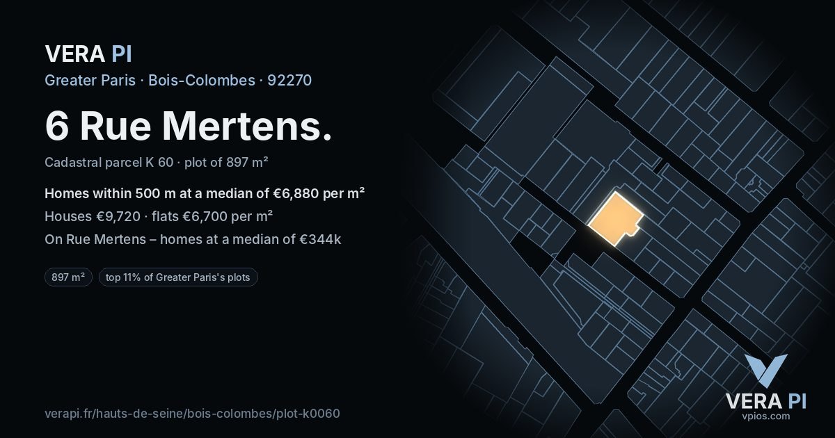 6 Rue Mertens, Bois-Colombes at night – the plot lit, the parcels around coloured by the prices near them