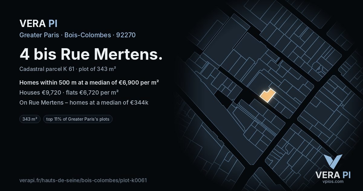 4 bis Rue Mertens, Bois-Colombes at night – the plot lit, the parcels around coloured by the prices near them
