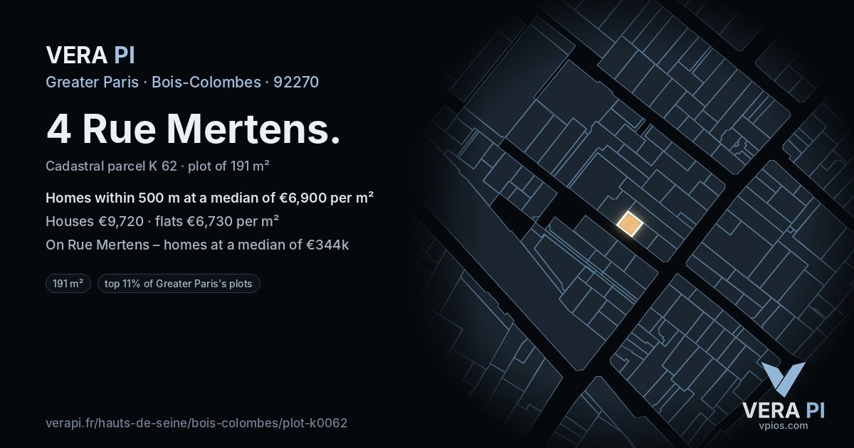 4 Rue Mertens, Bois-Colombes at night – the plot lit, the parcels around coloured by the prices near them
