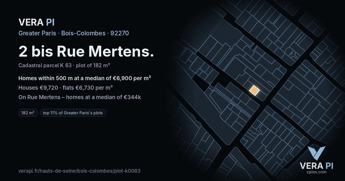 2 bis Rue Mertens, Bois-Colombes at night – the plot lit, the parcels around coloured by the prices near them