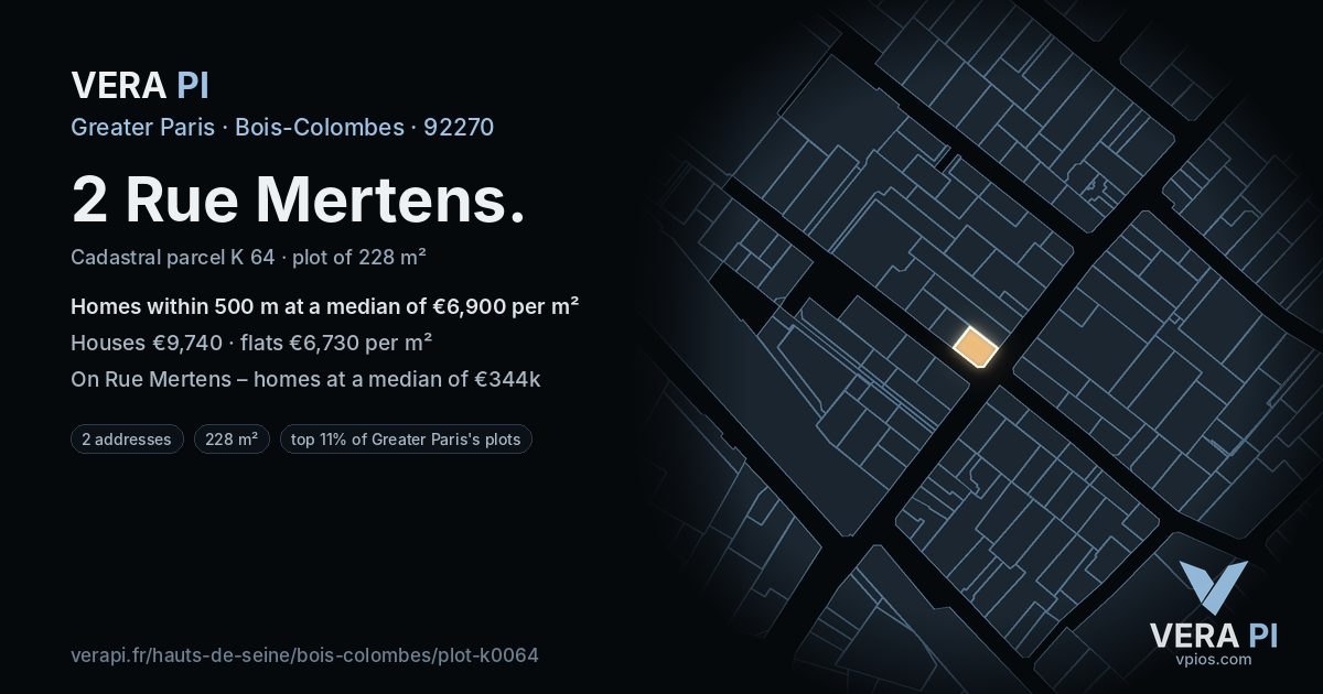 2 Rue Mertens, Bois-Colombes at night – the plot lit, the parcels around coloured by the prices near them