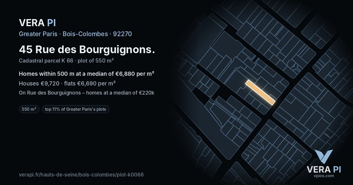 45 Rue des Bourguignons, Bois-Colombes at night – the plot lit, the parcels around coloured by the prices near them