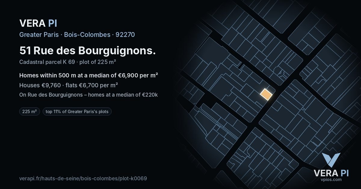 51 Rue des Bourguignons, Bois-Colombes at night – the plot lit, the parcels around coloured by the prices near them