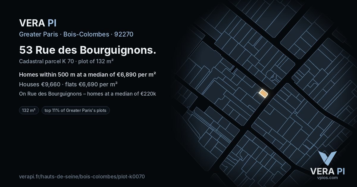 53 Rue des Bourguignons, Bois-Colombes at night – the plot lit, the parcels around coloured by the prices near them