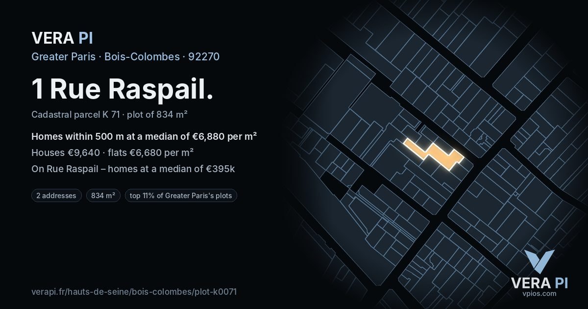 1 Rue Raspail, Bois-Colombes at night – the plot lit, the parcels around coloured by the prices near them