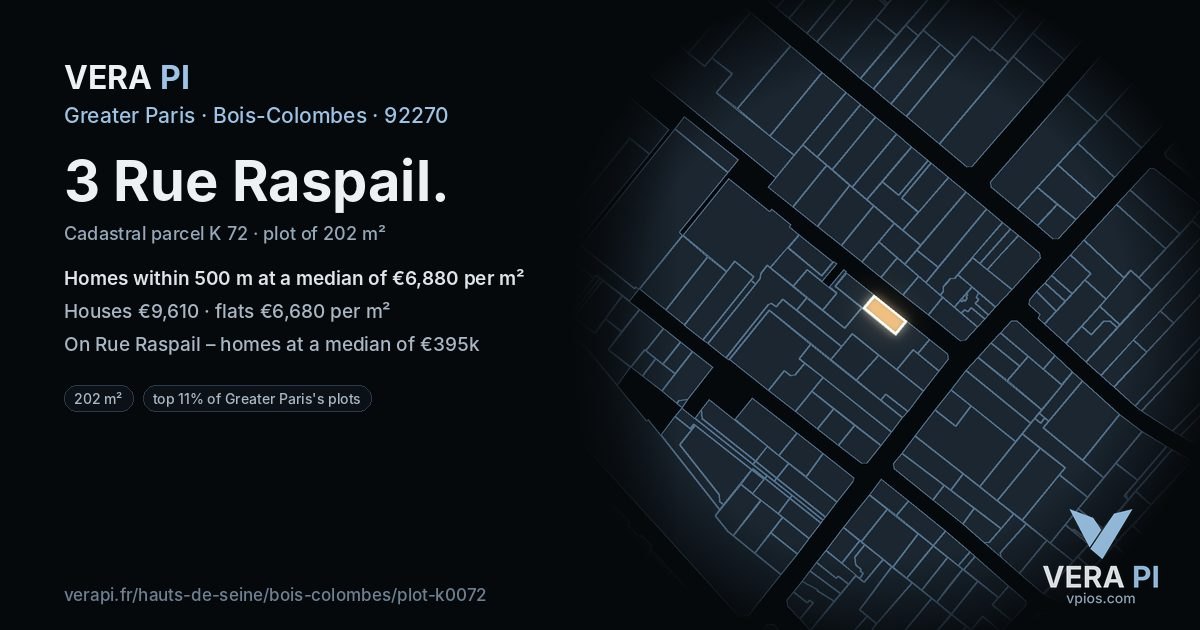 3 Rue Raspail, Bois-Colombes at night – the plot lit, the parcels around coloured by the prices near them