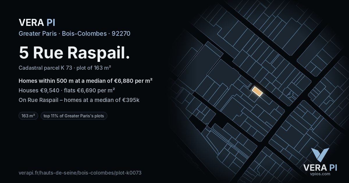 5 Rue Raspail, Bois-Colombes at night – the plot lit, the parcels around coloured by the prices near them