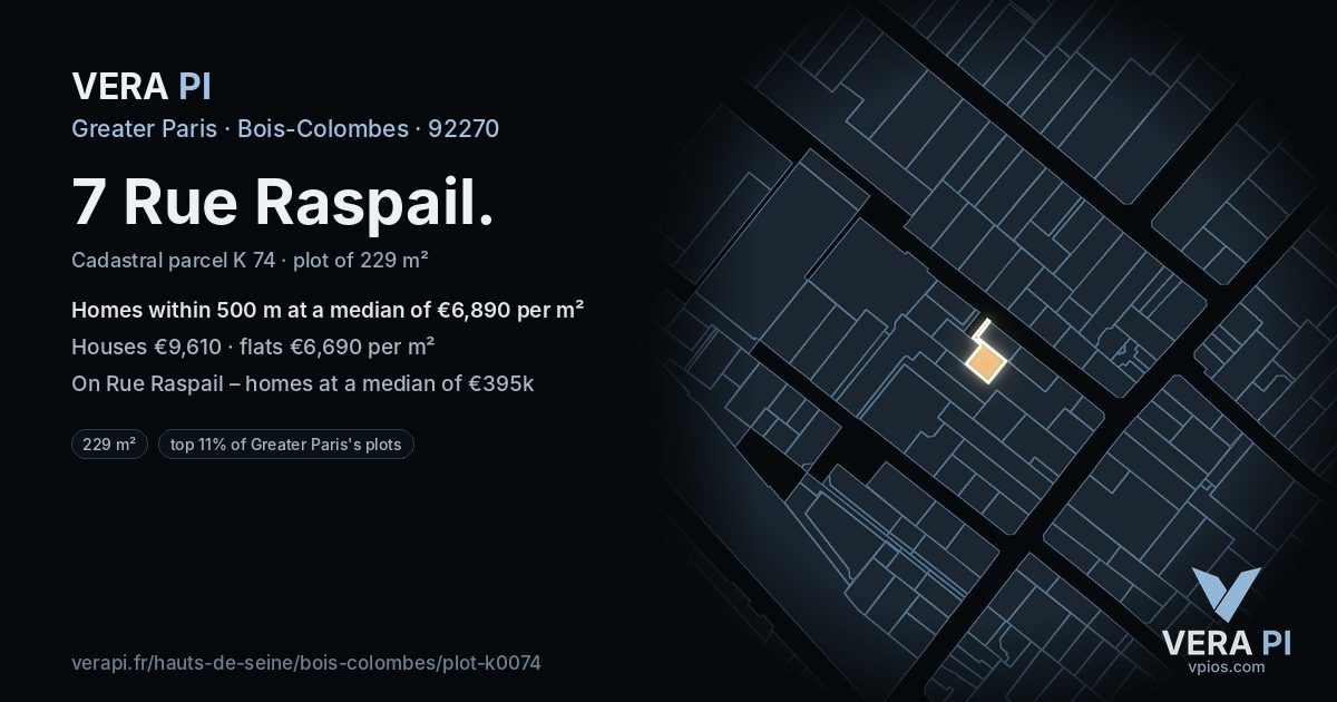7 Rue Raspail, Bois-Colombes at night – the plot lit, the parcels around coloured by the prices near them
