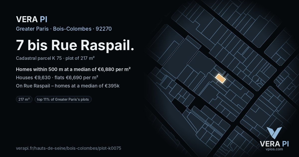 7 bis Rue Raspail, Bois-Colombes at night – the plot lit, the parcels around coloured by the prices near them