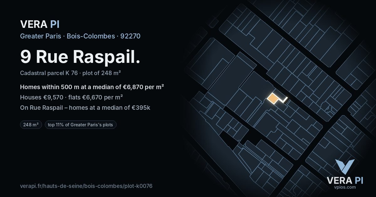 9 Rue Raspail, Bois-Colombes at night – the plot lit, the parcels around coloured by the prices near them
