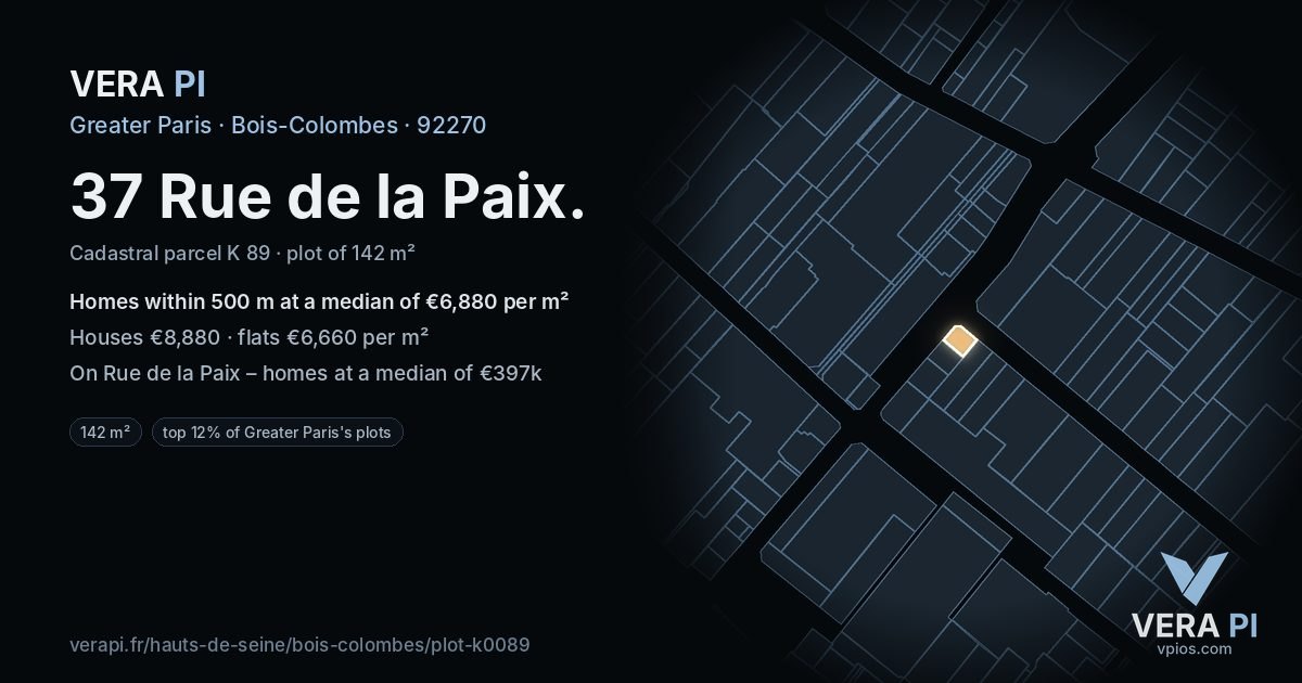37 Rue de la Paix, Bois-Colombes at night – the plot lit, the parcels around coloured by the prices near them