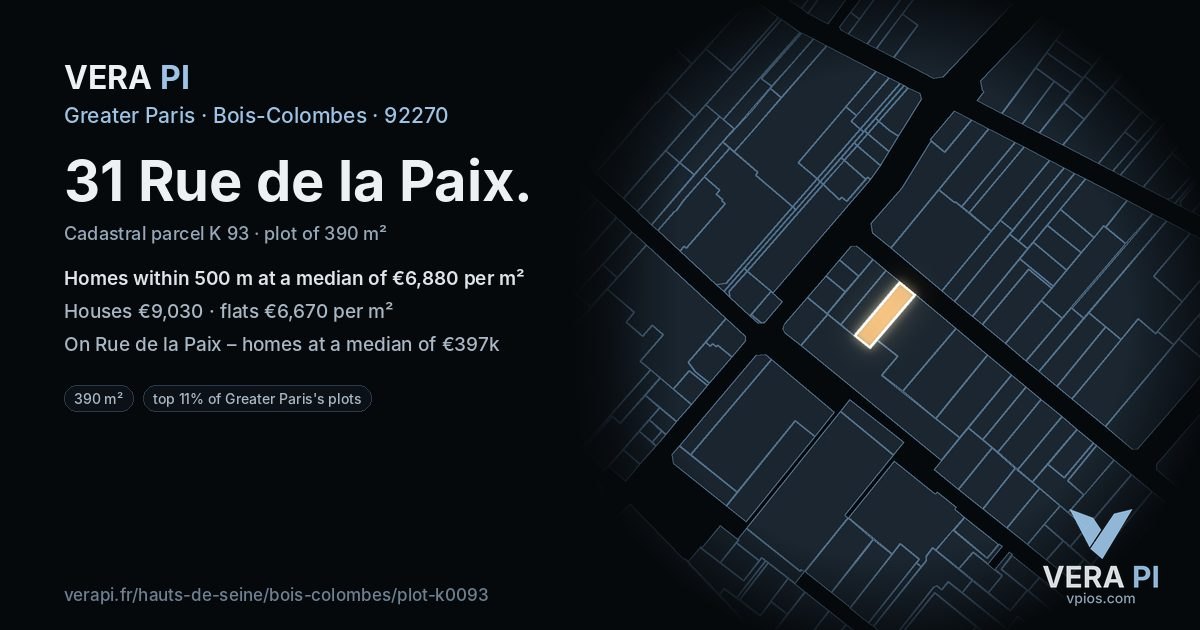 31 Rue de la Paix, Bois-Colombes at night – the plot lit, the parcels around coloured by the prices near them