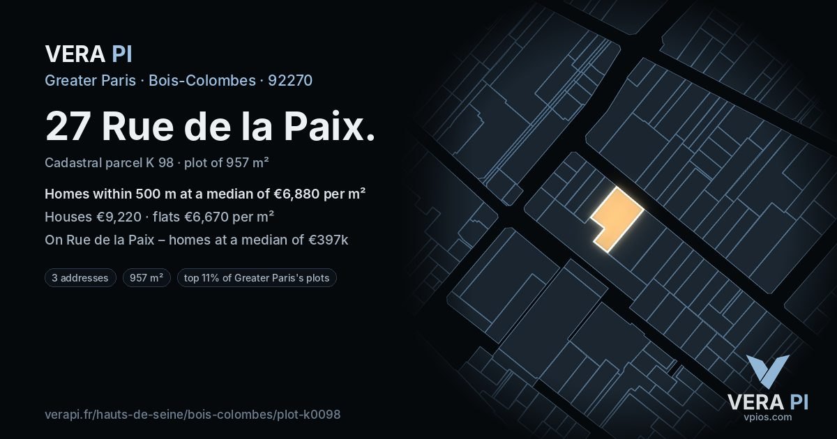 27 Rue de la Paix, Bois-Colombes at night – the plot lit, the parcels around coloured by the prices near them