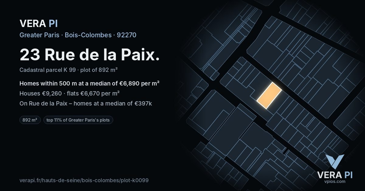 23 Rue de la Paix, Bois-Colombes at night – the plot lit, the parcels around coloured by the prices near them