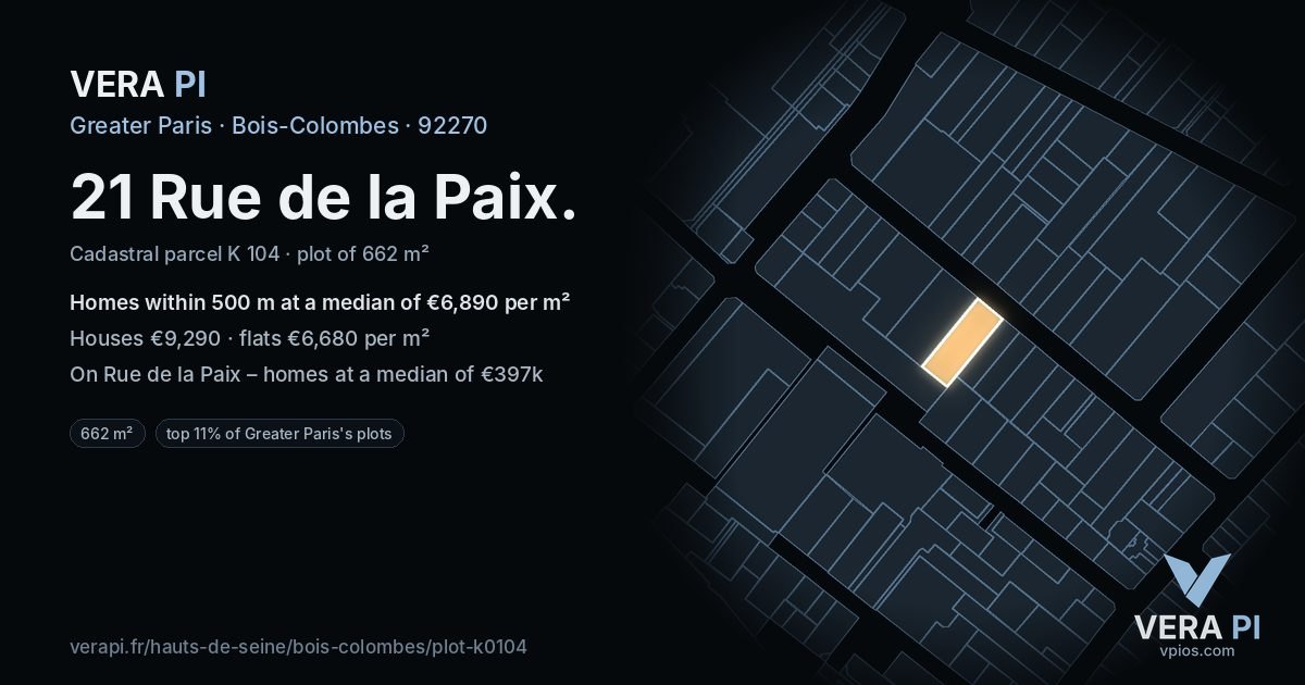 21 Rue de la Paix, Bois-Colombes at night – the plot lit, the parcels around coloured by the prices near them