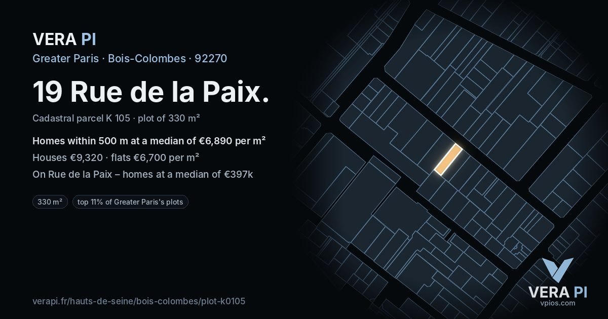 19 Rue de la Paix, Bois-Colombes at night – the plot lit, the parcels around coloured by the prices near them