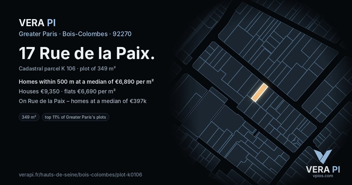 17 Rue de la Paix, Bois-Colombes at night – the plot lit, the parcels around coloured by the prices near them